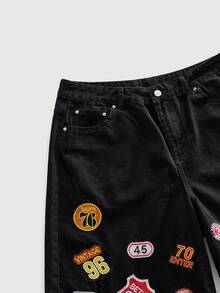 ROMWE MEN Men's Embroidered Pattern Loose Denim Shorts Spring/Summer - Black - View 5