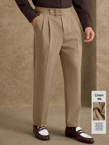 Core Aspect Pantalones de lino de unicolor para hombre con doble pliegue y presillas para cinturón, pantalones rectos casuales y de negocios con pierna recta y tiro corto - Caqui - Ver 7