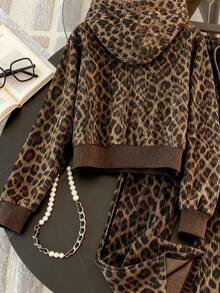 Franclia Women Leopard Print Zip Front Hoodie And Pants Casual Tracksuit Set - Brown - View 2