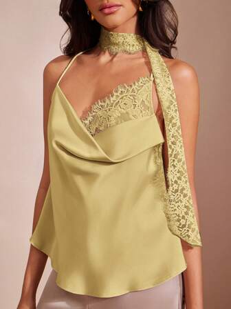 L'Amorae Women Satin Cowl Neck Inset Attached Scarf Cami Top, Holiday New Years Date Night Outfit