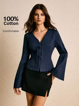 Poéselle Women's Solid Color V-Neck Flared Sleeve Elegant Fashion Blouse Shirt