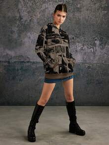 BATMAN X SHEIN 85th Unisex Casual Loose Knit Vintage Poster Print Hooded Sweatshirt, Autumn/Winter - Coffee Brown - View 5