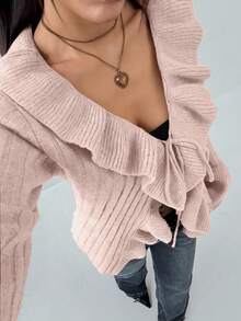 SHEIN Unity 女士休闲V领长袖开衫，荷叶边下摆和打结细节 - 粉色 - 查看 5