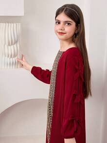 SHEIN Đầm maxi dài tay dáng chữ A rộng rãi, màu trơn, phối sọc, cổ vuông, trang trí nơ, dành cho bé gái tuổi teen, thích hợp cho du lịch, nghỉ dưỡng, phong cách đồng quê, nghỉ mát thường ngày, phong cách bohemian, hoặc phối đồ đôi cho chị em gái. - Đỏ - Xem 12