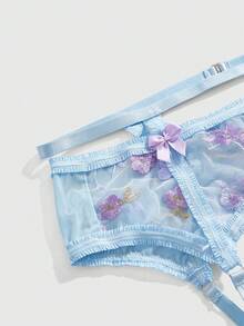 ROMWE Kawaii 3件套浪漫花卉刺绣网纱钢圈文胸、丁字裤和吊袜带性感内衣套装 - 藍色 - 查看 4