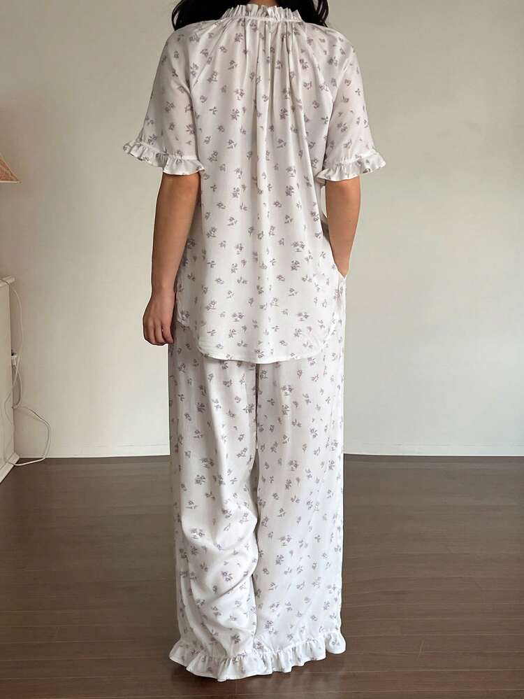Floral Frill Trim Women Pajama Set