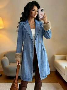 Elenzga Women's Casual Fluffy Cuff Denim Jacket - Blue - View 4