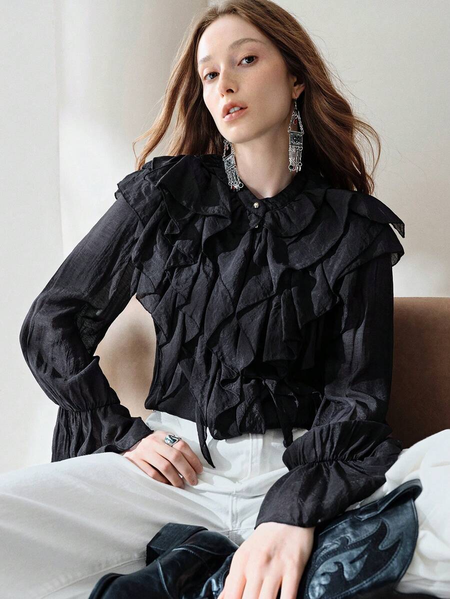 Aveloria Modichic Black Multi-Layer Ruffle Trim Chiffon Flowy ...