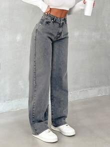 SHEIN Tall 100%纯棉女士高腰宽松牛仔裤 - 灰色 - 查看 3