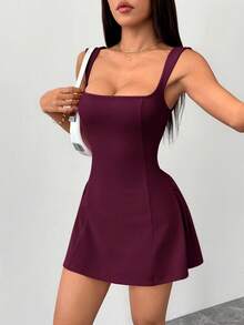 SHEIN PETITE 女款約會派對純色紅色迷你 A 字版方領優雅收腰洋裝短洋裝，適合小個子女性，酒紅色 - 中紫紅色 - 查看 7