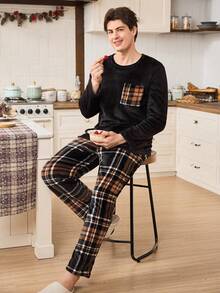 SHEIN Plaid Print Pocket Long Sleeve & Long Pants Men's Cozy Pajama Set, Autumn/Winter Matching Couple Pajama Set Valentine's Day Plaid Pajama Set