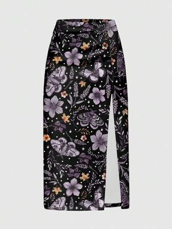 Hippie Falda bohemia de talla grande con estampado floral y de mariposas