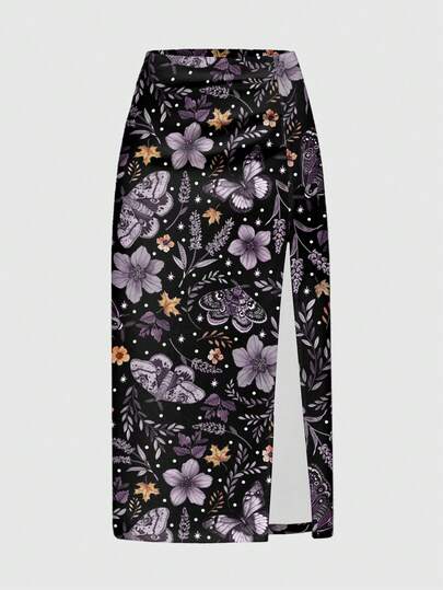 Hippie Falda bohemia de talla grande con estampado floral y de mariposas