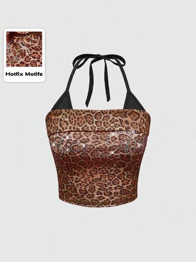 J-Fashion Top corto con scollo ad aletta, stampa leopardata, slogan e strass, stile Harajuku sexy per donna