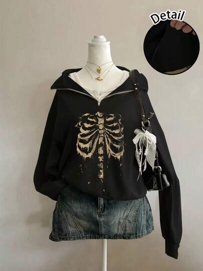 Attitoon 女士复古朋克哥特骷髅印花宽松半拉链高领轻薄卫衣，适合秋冬季节、搭配、户外、机场等场合，时尚百搭。