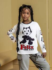 SHEIN Felix The Cat Tween Girl Cartoon Print White Long Sleeve T-Shirt - White - View 8