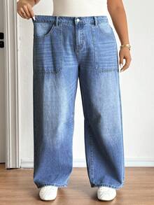 SHEIN CURVE+ Plus Size Fashionable Versatile High Waist Jeans,Loose Plus Size Denim Pants,Straight Wide-Leg Jeans,Light Wash Denim Pants,Elastic Waistband Denim Pants,Multi-Pocket Denim Pants,High-Waist Elastic Waistband Straight Wide-Leg Pants,Plus Size Loose Denim Pants,Multi-Pocket Straight Jeans,Office Casual Versatile Light Wash Denim Pants,Office Casual Versatile Multi-Pocket Denim Pants,Vacation Casual Denim Pants,All-Season Versatile Loose Wide-Leg Pants,Valentine's Day - Blue - View 7