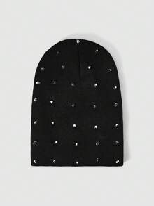 Y2Kool 1pc Punk Style Rivet Decorated Knitted Hat, High-Quality Y2K Vintage Solid Black Warm Beanie, Fashionable Daily All-Winter Wear. - Multicolor - View 2