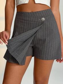 EURMUSE Women Solid Color Button Detailed Shorts - Light Grey - View 2