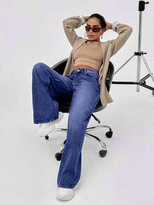 SHEIN Quần jean ống rộng cạp thấp 100% cotton kiểu dáng cổ điển Y2K, dáng rộng - Màu xanh bụi bặm - Xem 4