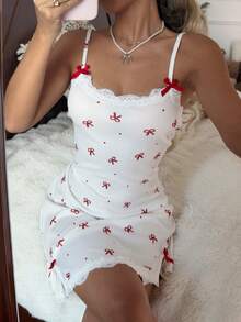 CottageSlumber Women's Casual Rib Knit Spaghetti Strap Mini Nightgown With Red Graphic Bow Detail And Lace Trim - Red - View 6