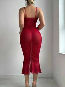 2pcs Set: Lace Contrast Mesh Tie-Up Bodycon Maxi Dress & G-String, Valentine's Day - Burgundy - View 2