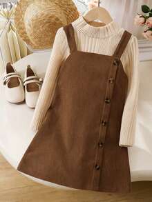 Young Girl Solid Color Long Sleeve T-Shirt And Button Design Suspender Skirt Set - Brown - View 4