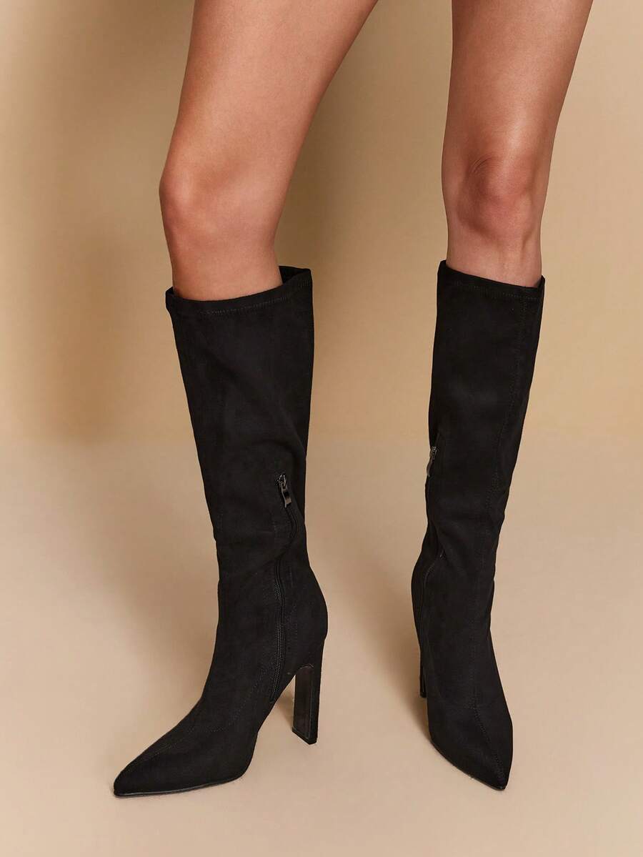 Daringsoles Damkängor med spetsig tå och dragkedja i sidan, moderiktiga högklackade knähöga stövlar för dagligt bruk - Svart - Visa 1