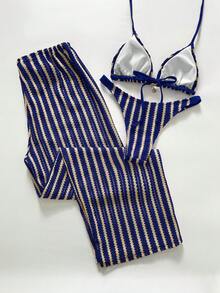 Swim Chiccia 女士休闲条纹比基尼套装，适合海滩度假 - 藍色 - 查看 2