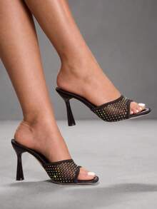 CUCCOO SZL Women's Square Toe Rhinestone Decor Fashionable Elegant Versatile High Heel Slide Sandals Valentine's Day Spring Shoes - Black - View 1