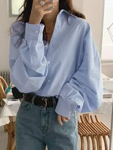 DAZY Koszula oversize z guzikami i odsłoniętymi ramionami, bluzki z długim rękawem, bluzki w stylu preppy, jesienne ubrania damskie