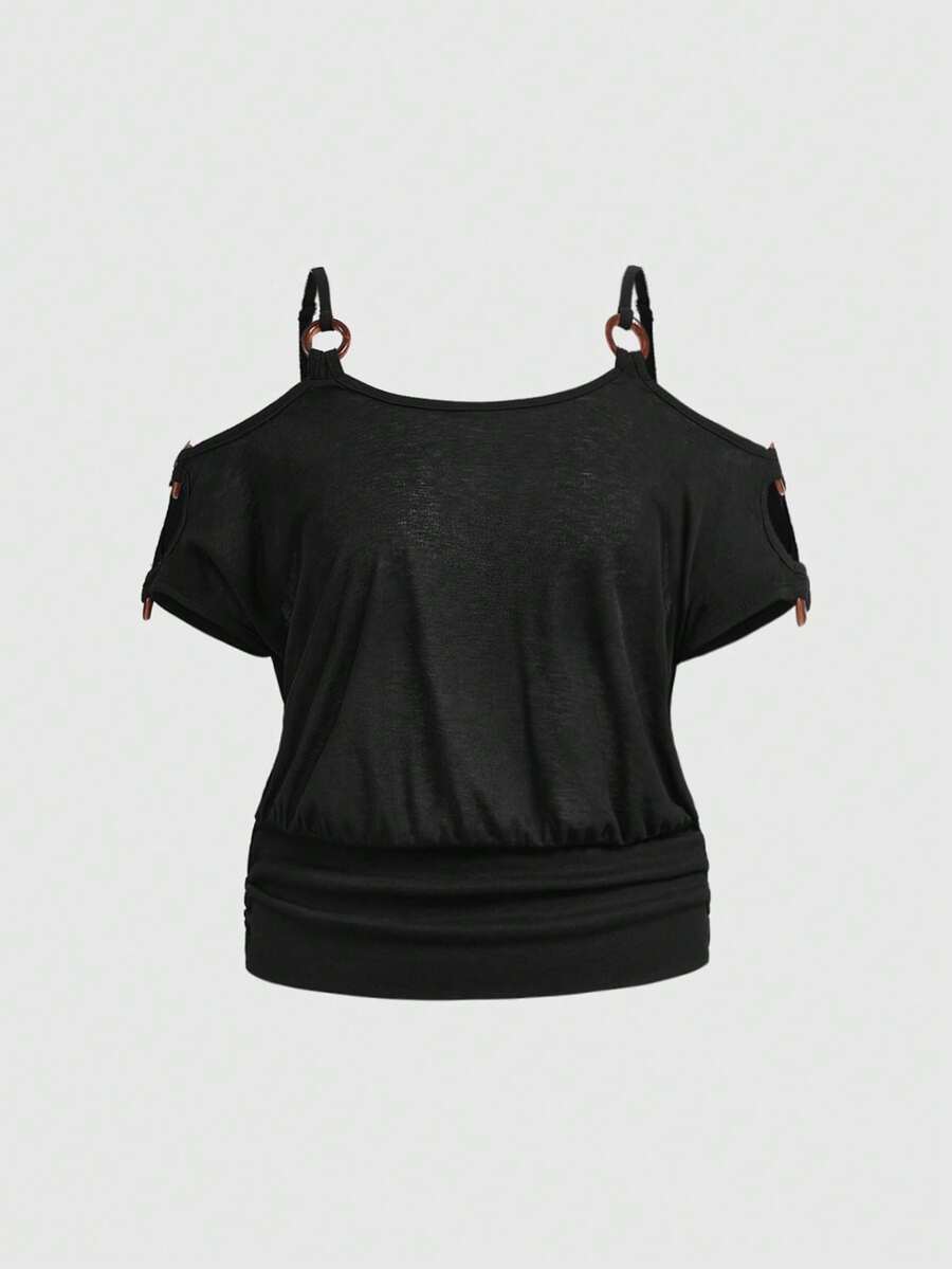 ROMWE Áo thun tay ngắn khoét eo hở lưng cỡ lớn cho nữ, mùa xuân - màu đen - Xem 1