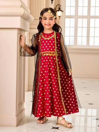 Conjunto elegante de chaqueta de malla negra y parte superior sin mangas con estampado metálico rojo para niñas