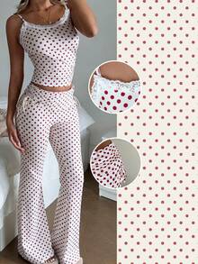 CovetEZ 2pcs/Set Valentine's Day Sweet Casual Home Fashion Outfits Women Polka Dot Contrast Lace Camisole And Flare Pants Casual Outfit Vacation Outfits Woman 2 Piece Summer Pant Set Polka Dot Two Piece Set - Red and White - View 2