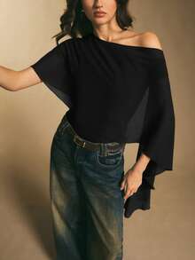 Poéselle 女士纯色不对称领口褶皱连体衣 - 黑色 - 查看 7