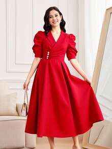 SHEIN 1件少女翻领泡泡袖A字中长连衣裙，优雅日常通勤连衣裙 - 紅色 - 查看 3