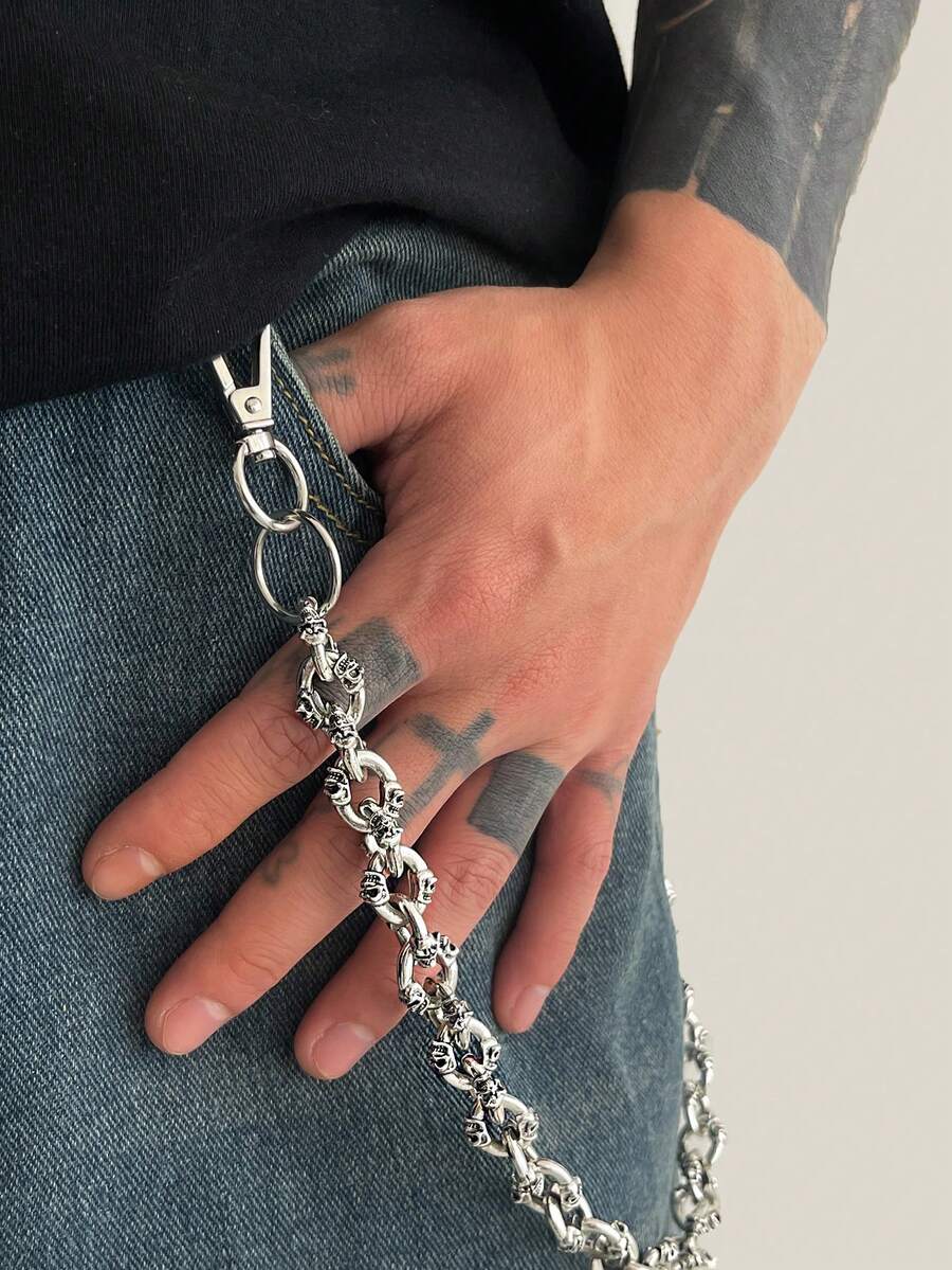 ROMWE Fairycore 1 chiếc dây đeo quần phong cách cổ điển, thanh lịch, tối giản, đính pha lê và ngọc trai giả nhiều màu sắc, dây đeo chéo vai dành cho nam giới theo phong cách punk hip hop, dùng để trang trí quần. - Bạc cổ - chuỗi đầu lâu - Xem 1