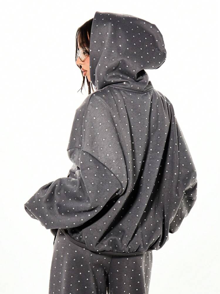 SUMWON WOMEN Rhinestone Studded Full Zip Hoodie