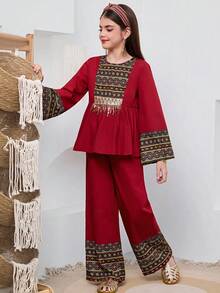 SHEIN Tween Girl Burgundy Autumn Wedding Guest Striped Patchwork Ruffle Trim Round Neck Long Sleeve Top And Straight Leg Pants Set,Children's Jalabiya Abaya - Red - View 9