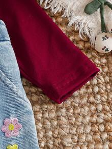 SHEIN Vintaside Kids 2件套女婴2025春秋季白色长袖T恤+牛仔背带裤休闲时尚套装，百搭