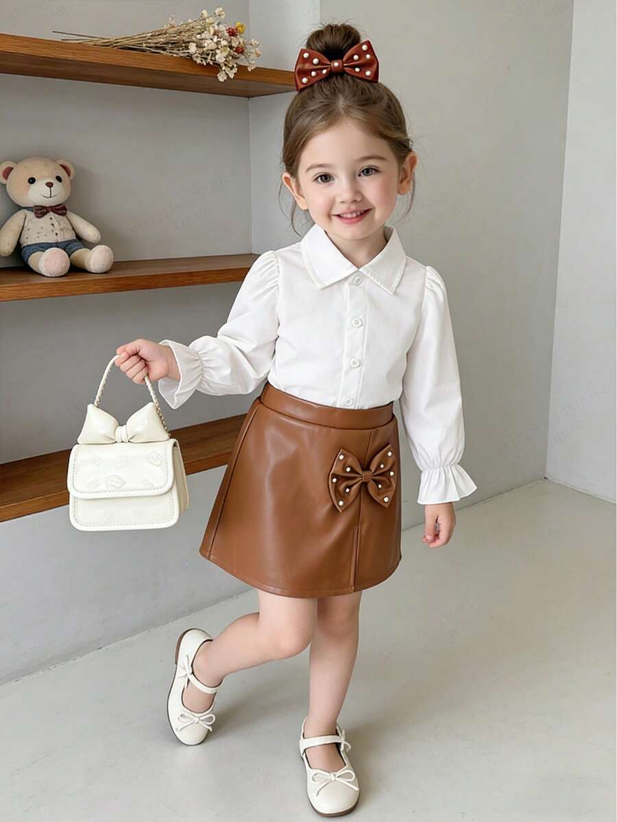Young Girls White Woven Plain Collar Button Puff Sleeve Blouse Paired With Yellow-Brown Leather Waistband Butterfly Decor Slit Skirt Pants 2-Piece Set, Suitable For Spring/Autumn Daily, Outdoor, Party Wear - White - View 1