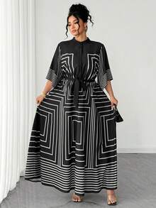 Elenzga Đầm dài tay dáng chữ A, cổ bẻ, họa tiết sọc đen trắng, cỡ lớn, thanh lịch, thích hợp cho công sở, màu đen. - màu đen - Xem 4