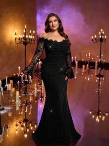 Glamrae Plus Size Elegant Red Off-Shoulder Floral Decor Long Sleeve Sheer Lace Patchwork Ruched Waist Mermaid Hem Formal Gown(Heavily Embellished Design) - Black - View 7