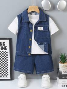 2pcs Young Boy Denim Jacket Set, Denim Vest Paired With Loose Waist Double Pocket Denim Shorts, Metal Buttons And Small Labels On Pockets Are Highlights, Overall Blue And White Color Scheme Is Very Fresh, Suitable For Weekend Outings, Parties, Parks, Back To School Boy Denim Outfit Boy Clothes Sets - Blue and White - View 1