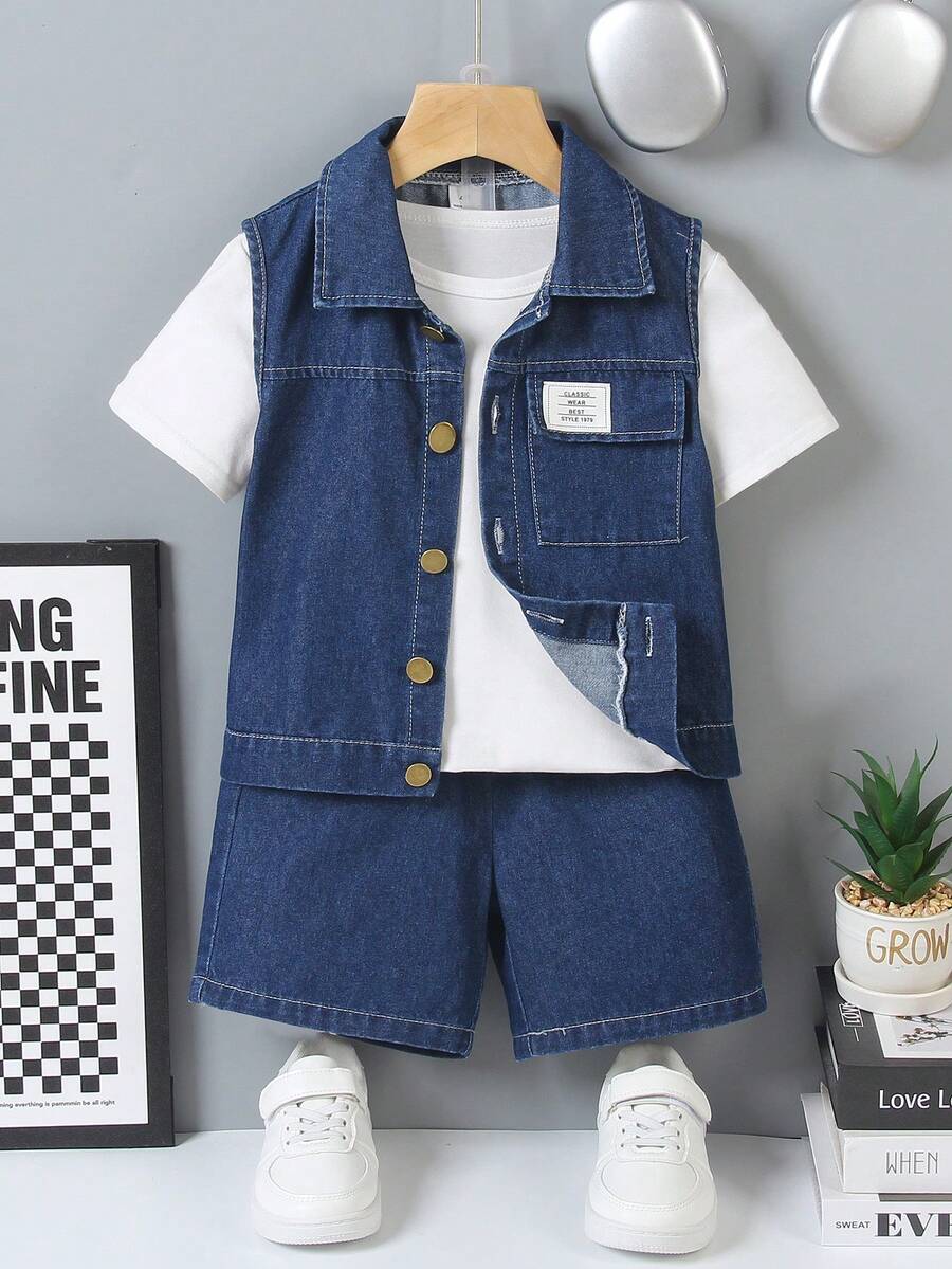 2pcs Young Boy Denim Jacket Set, Denim Vest Paired With Loose Waist Double Pocket Denim Shorts, Metal Buttons And Small Labels On Pockets Are Highlights, Overall Blue And White Color Scheme Is Very Fresh, Suitable For Weekend Outings, Parties, Parks, Back To School Boy Denim Outfit Boy Clothes Sets - Blue and White - View 1