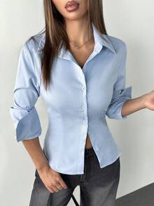 SHEIN PETITE 1件女士纯色纽扣前开襟长袖休闲衬衫 - 淺藍色 - 查看 11