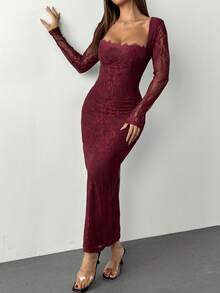SHEIN PETITE Women's New Summer Party Date Evening Sexy S-Shaped Lace Long-Sleeved Breast Cup Fishbone Square Neck Tight Bodycon Black Maxi Dress Burgundy,New Year's Outfit,Suitable For Daily Dating, Night Out, Nightclubs, Parties, Get-Togethers, Cocktail Parties - Red Violet - View 7