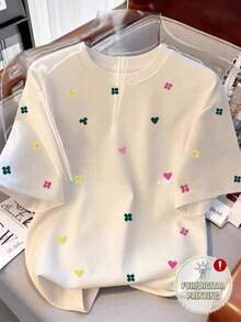 Resyla Camiseta casual de mujer con cuello redondo y bordado floral - BLANCO - Ver 1