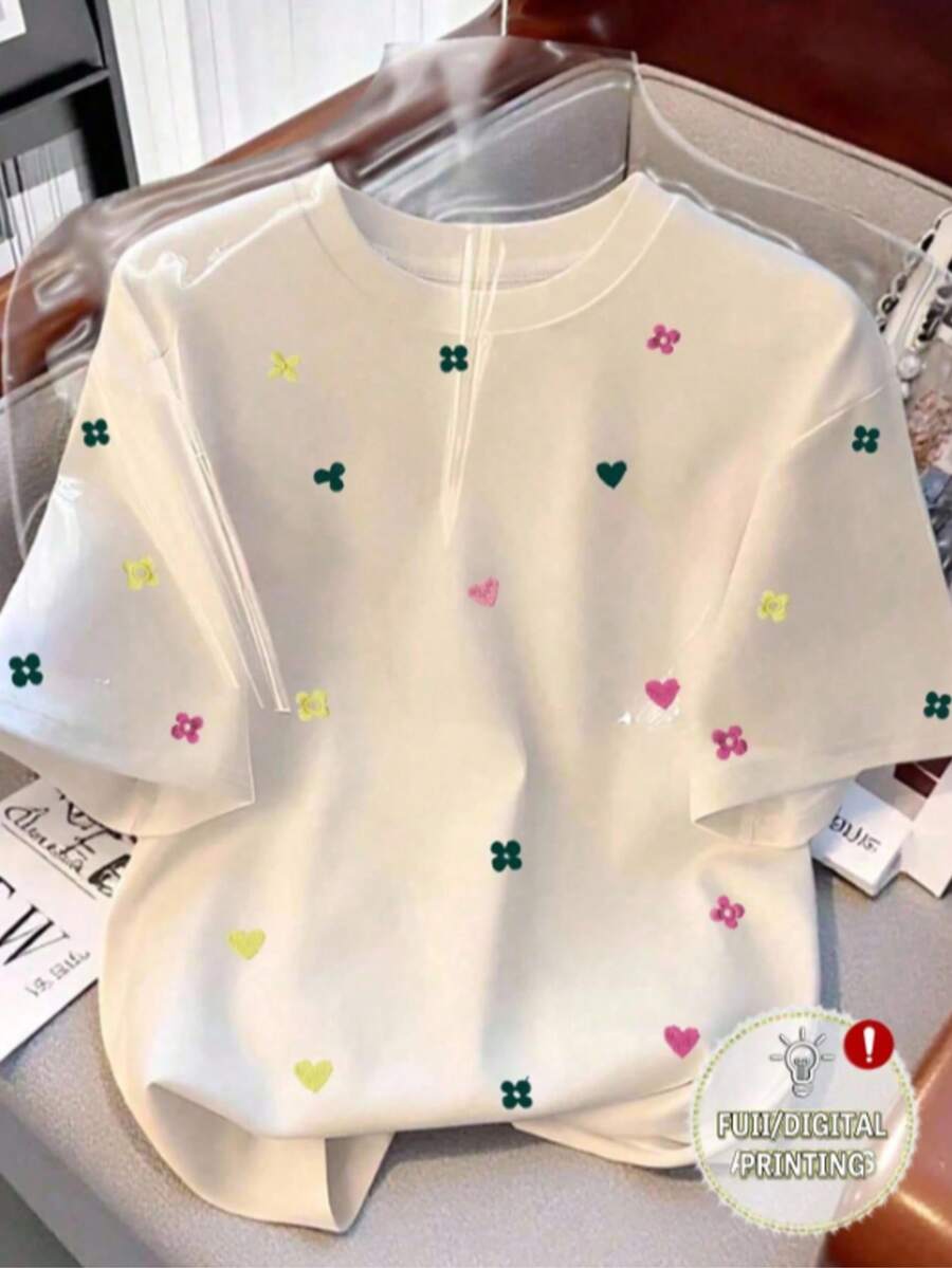 Resyla Camiseta casual de mujer con cuello redondo y bordado floral - BLANCO - Ver 1