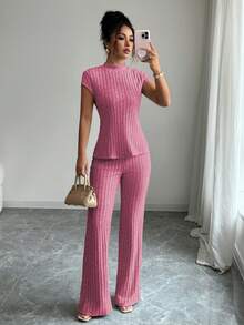 Elenzga 2pcs/Set Casual Elegant Ribbed Short Sleeve Top And Pants - Hot Pink - View 6